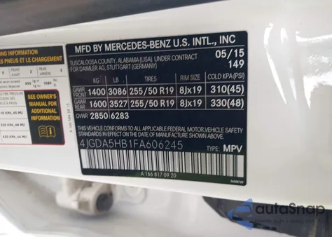 2015 Mercedes-Benz Ml 350 4Matic from USA, damaged, VIN 4JGDA5HB1FA606245